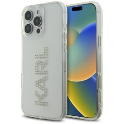 Husa Husa pentru iPhone 16 Pro - Karl Lagerfeld IML Rhinestones (KLHCP16LHKLSTDCT) - Transparent Logo