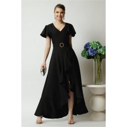 Rochie LaDonna lunga de ocazie din stofa neagra cu volane si cordon in talie