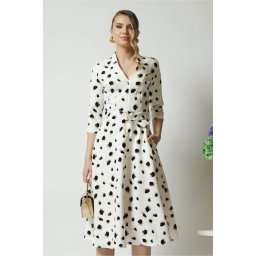 Rochie din stofa alba midi de zi cu imprimeuri bej si decolteu