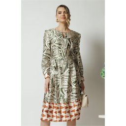 Rochie midi office bej de zi cu imprimeu verde