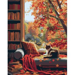 Set pictura pe numere, cu sasiu, Pisica si toamna, 40x50 cm
