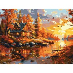 Set pictura pe numere, cu sasiu, Apus toamna la cabana, 40x50 cm