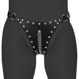 Ouch! PU Leather Chastity Thong with Chain Detail Black