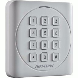 Cititor card cu tastatura Hikvision DS-K1801MK, citeste carduri MIFARE 13.56MHz, distanta citire: 50mm, comunicare: Wiegand 26/34 protocol, tastatura cu 12 butoane, indicator LED de stare si alimentare; alimentare: 12VDC, IP65, dimensiuni: 87×87×13.3mm