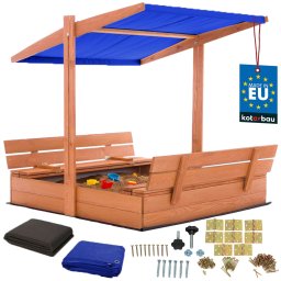 Groapă de nisip din lemn cu baldachin și bănci blocabilă mare maro 120 cm