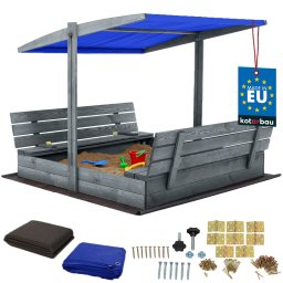 Groapă de nisip din lemn cu baldachin și bănci blocabilă mare gri 140 cm
