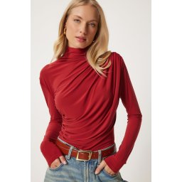 Happiness İstanbul Women's Tile Gathered Detailed High Neck Sandy Blouse