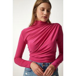 Happiness İstanbul Women's Pink Gathered Detailed High Neck Sandy Blouse