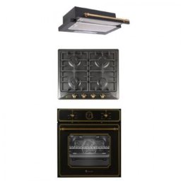 Cuptor Pachet incorporabil cuptor electric ,plita gaz si hota telescopica Studio Casa Toscana Retro Black Rustic, Clasa A, Gratare fonta, Negru