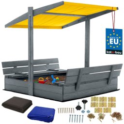 Groapă de nisip din lemn cu baldachin și bănci blocabilă mare gri 120 cm