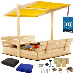 Groapă de nisip din lemn cu baldachin și bănci blocabilă mare naturală 120 cm