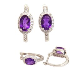 Cercei din Ametist cu Zircon - Oval Fatetat - 14x5x15 mm - Argint 925 - Cristalul Linistii si Armoniei - 1 Pereche