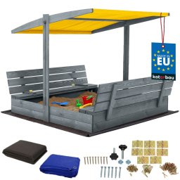 Groapă de nisip din lemn cu baldachin și bănci blocabilă mare gri 140 cm