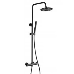 Coloana de dus cu set de dus complet, baterie cu termostat, negru mat, para superioara rotunda