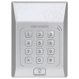 Cititor standalone cu tastatura si card de proximitate Hikvision, DS- K1T801M; suporta cartele MIFARE, Capacitate 3000 cartele, Autentificare: card sau card si parola; Intrari: buton de iesire x1, contact de usa x1; Iesiri: sonerie x1, incuietoare electri