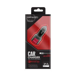 Lemontti Incarcator Auto Qualcomm 3.0 Dual USB Type-C Negru-Rosu 3.1A (cablu detasabil)-T.Verde 0.1 lei/buc