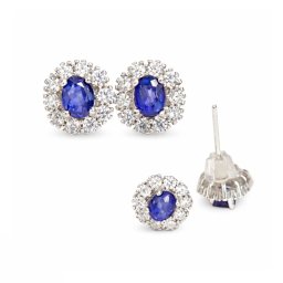 Cercei Safir Albastru cu Zircon Oval Fatetat - 7x7x14 mm - Argint 925 - Piatra Luminsrii si Armoniei - 1 Pereche