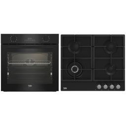 Pachet incorporabile Cuptor + Plita Beko BBSM17330BCS, Electric, 71 l, Clasa A, Autocuratare catalitica, SoftClose door,Timer, Negru, Gaz, 4 arzatoare, HIGH-EFFICIENCY GAS BURNER, Wok, Gratar din fonta, 60 cm, Negru