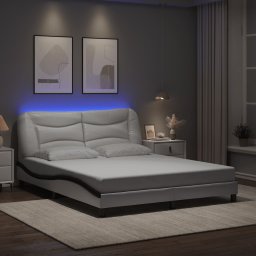 Cadru de pat cu LED, alb si negru, 160x200 cm, piele ecologica GartenMobel Dekor