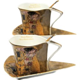 Set cadou Klimt - The Kiss auriu - Serviciu de cafea 2 pers cana 175 ml, lingurita, farfurie triunghi, cutie inima