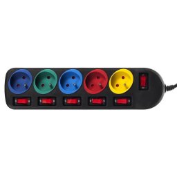 Prelungitor MCE204M alimentare retea 1.5m cu 5 prize colorate 250V /10A, cu intrerupatoare, negru/rosu