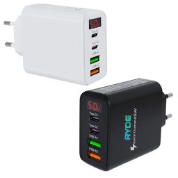 Incarcator rapid 45W cu afisaj LED, 2x USB-C, 2x USB-A, pentru telefon, tableta, Negru / Alb - Alb