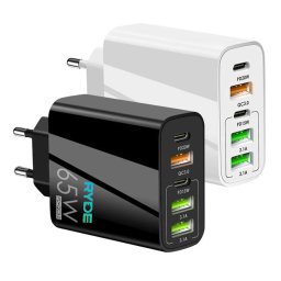 Incarcator rapid 65W 2x USB-C, 3x USB-A, pentru telefon, tableta, GPS, Alb / Negru - Alb