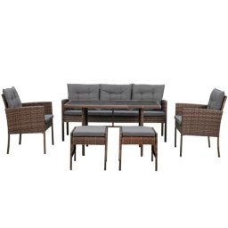 Set mobilier gradina/terasa, maro si gri, ratan sintetic, 1 masa, 2 scaune, 1 canapea, 2 tabureti, Vaduz