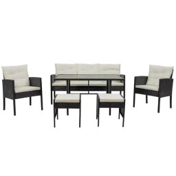 Set mobilier gradina/terasa, negru si bej, ratan sintetic, 1 masa, 2 scaune, 1 canapea, 2 tabureti, Vaduz
