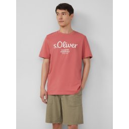s.Oliver Tricou barbati cu imprimeu cu logo si decolteu la baza gatului, Regular fit, Roz prafuit (SELECTATI MARIMEA: S)