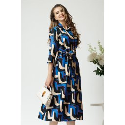 Rochie office cu imprimeu geometric albastru si cordon in talie