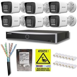 Sistem supraveghere IP complet Hikvision 6 camere 4MP Dual Light 30m Microfon PoE, NVR 8 canale 8MP 4K, Accesorii montaj, HDD 2TB, Autocolant Rovision