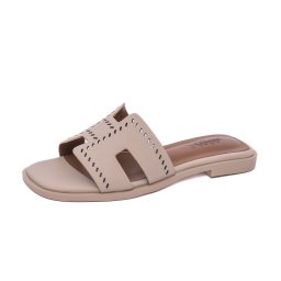 Papuci damă bej piele naturală Pass Collection 7QXS60029A 52-N, perforații decorative, slip-on