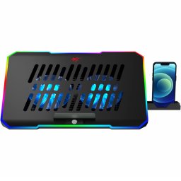 Cooler notebook iluminare RGB, max.16 Inch, 2 ventilatoare 125mm, dual USB, 24db, flux aer ajustabil, suport smartphone, reglabil pe inaltime, Negru