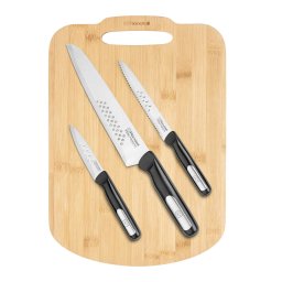 Set de 3 cutite si placa de bambus de taiere RONDELL RD-1569, Lame de cutit cu efect anti-lipire