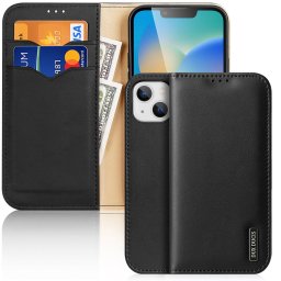 Husa Dux Ducis Hivo Leather Flip Genuine Leather Wallet Cards and Documents - Husă portofel - compatibil cu Apple iPhone 14 Plus - Suport carduri - culoare Negru