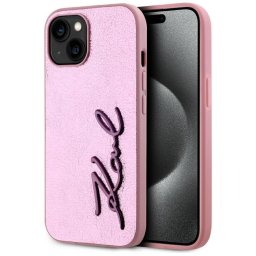 Husa Husa iPhone 15 - Karl Lagerfeld Hardcase Leather (KLHCP15SPFMFBKMP) - Pink Metal Signature