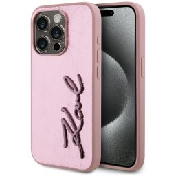 Husa Husa iPhone 15 Pro - Karl Lagerfeld Hardcase Leather (KLHCP15LPFMFBKMP) - Pink Metal Signature