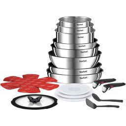 Set 20 piese Tefal Ingenio Emotion, oale 16/18/20 cm, tigai 22/24/26/28 cm, wok 26 cm, 2 manere, 2 ustensile, 3 capace ermetice 16/18/20 cm, capac sticla 24 cm, 4 protectii, inductie, inox, argintiu