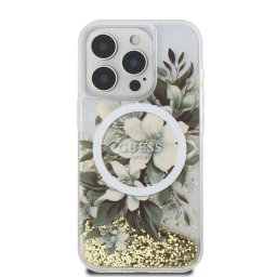 Husa Husa pentru iPhone 16 Pro - Guess Liquid Glitter Flower MagSafe (GUHMP16LLFMWTE) - Beige