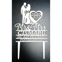 Topper nuntă din lemn alb – Mr & Mrs cu miri și inimă cu dată – mesaj „De azi pentru totdeauna”