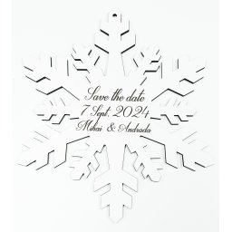 Fulg din lemn alb personalizat – Save the Date + calendar – gravură față-verso, 30 cm