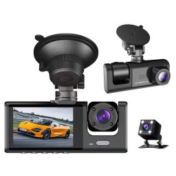Cameră video auto triplă, 3 canale DVR, Dash Cam S1, Night Vision, Rezolutie 1920x1080, Înregistrare dublă, Câmp vizual ultralarg, Card 32 GB cadou