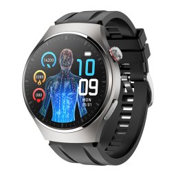 Ceas inteligent unisex, Smartwatch, IXIU®, MT200, ecran TFT HD 1.43", rezoluție 466x466, Procesor JL7013A, Aplicație HBand, Glucometru, ECG, Termometru, Monitorizare sănătate și diverse moduri sport, curea neagră, carcasă silver