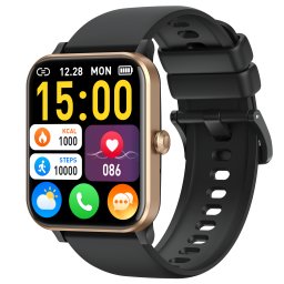 Smartwatch COOSTAR®, Ceas Inteligent Unisex, CR054, ecran 1.83” TFT, Rezoluție 240x284, Procesor JL7013A, Aplicație ZmooFit, Apeluri Bluetooth 5.2, Glucometru, Multiple monitorizări sănătate și moduri sport, curea de silicon, negru/gold