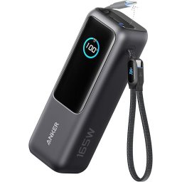 Baterie externa 25.000 mAh, 165W 2 x cablu USB-C incorporat, 3 x USB-C (max 100W per port), 1 x USB-A (max 30W), afisaj LED, 595g, Gri