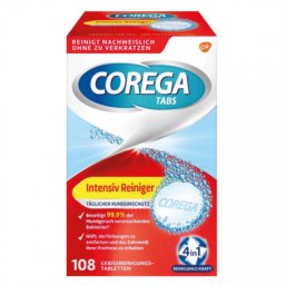 TABLETE EFERVESCENTE COREGA “4 IN 1” PENTRU CURATAREA INTENSIVA SI IGIENIZAREA PROTEZEI DENTARE 108 BUC