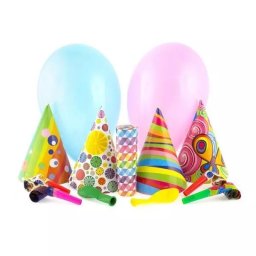 Set petrecere: coif, suflători spirală, baloane și serpentină