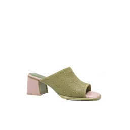 Saboți ușori cu toc Karisma din piele naturală, kaki cu toc roz OTR60019-40 EU