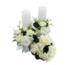Set 2 lumânări cununie decorate + buchet, flori de mătase verde & alb, h30 x Ø6cm - ALIF505034